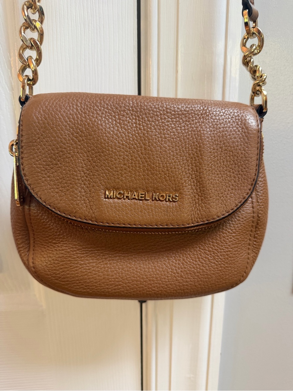 Michael Kors Tan Pebbled Leather Crossbody with Gold Chain